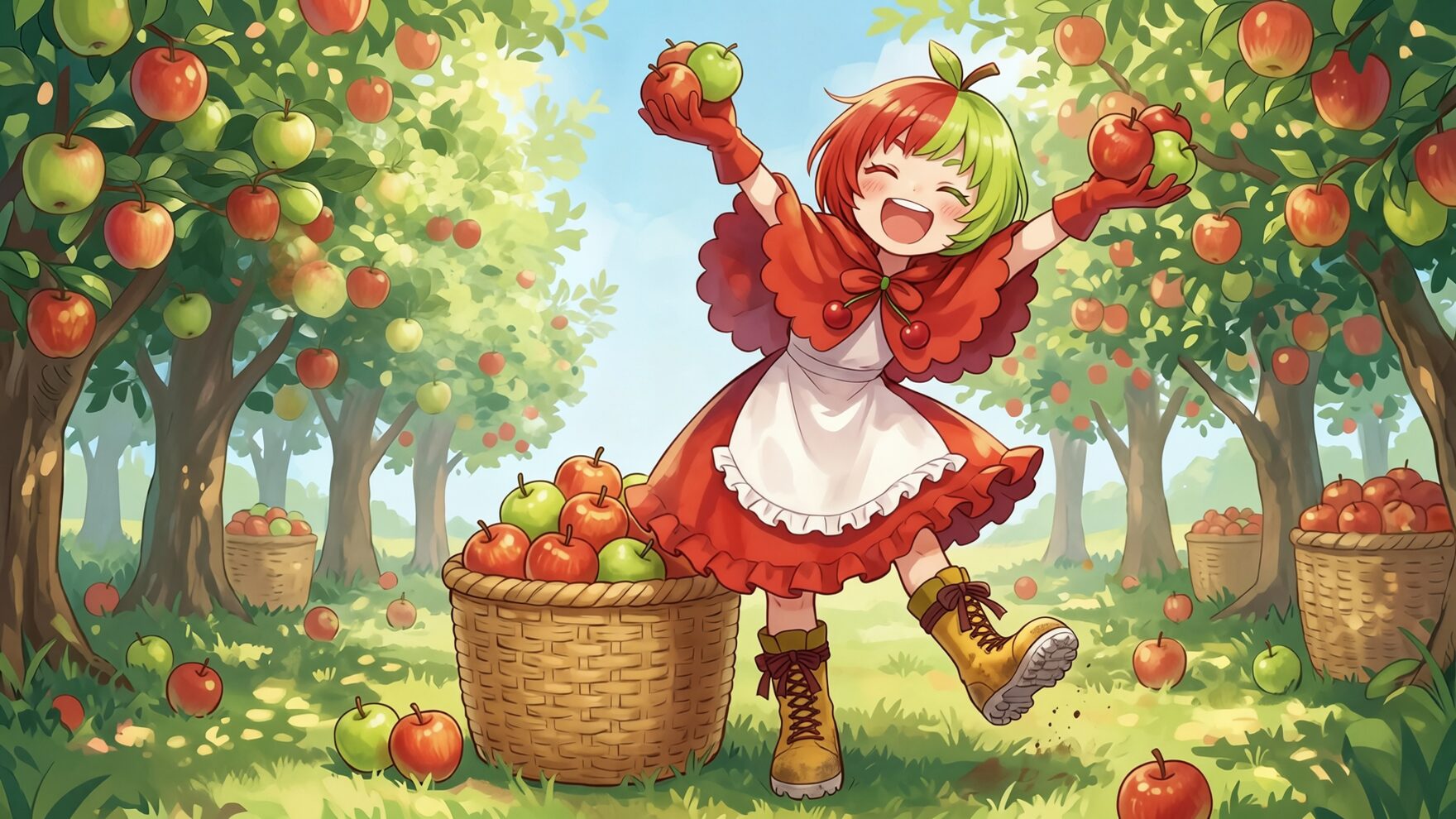 茶臼山りんご園で収穫するりんごちゃん